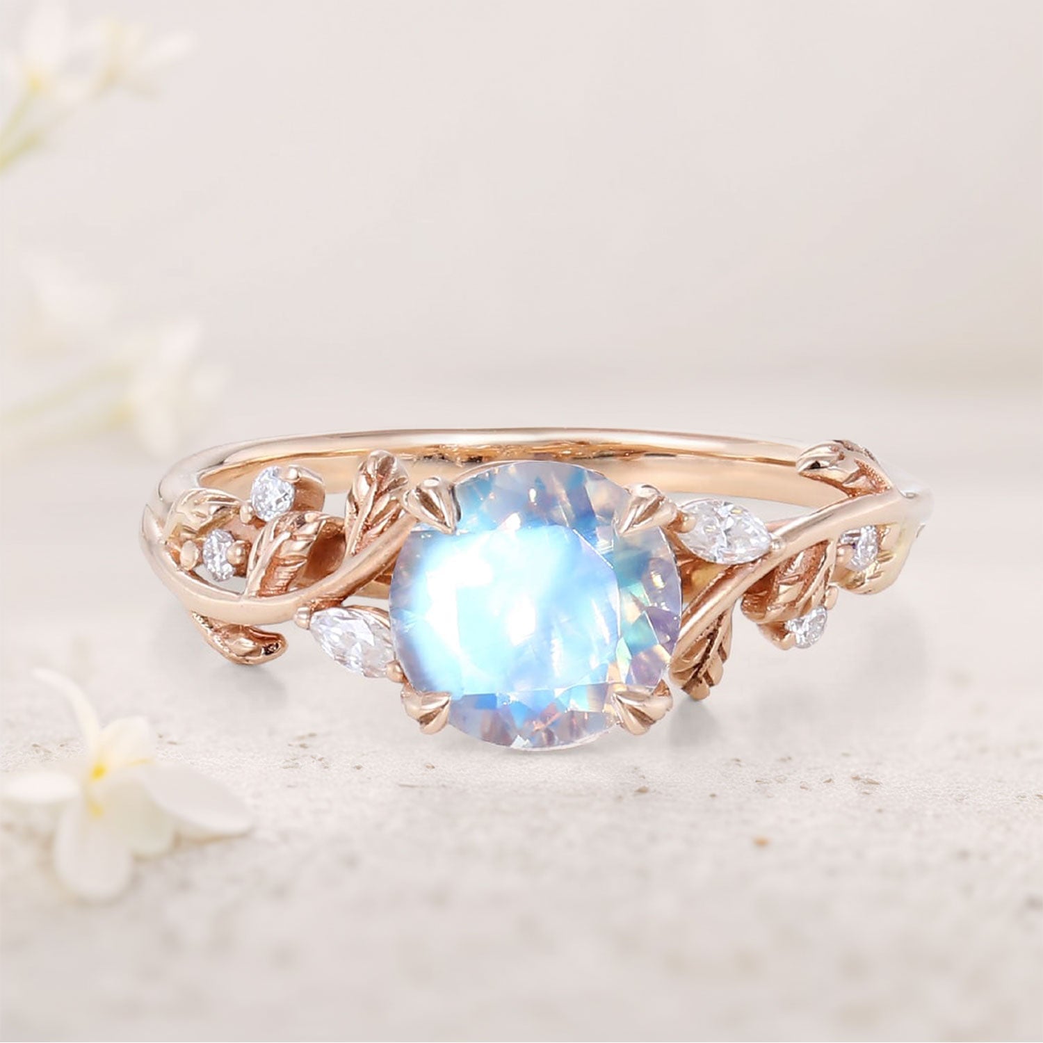 Unique Nature-Inspired Round Lab Moonstone 18K Yellow Gold Engagement Ring Bridal Ring