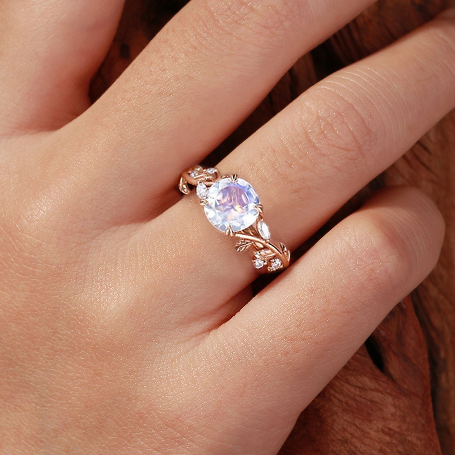 Unique Nature-Inspired Round Lab Moonstone 18K Yellow Gold Engagement Ring Bridal Ring