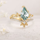 Unique floral engagement rings Kite Moss Agate Leafy 18K Yellow Gold Engagement Ring Set Bridal Set