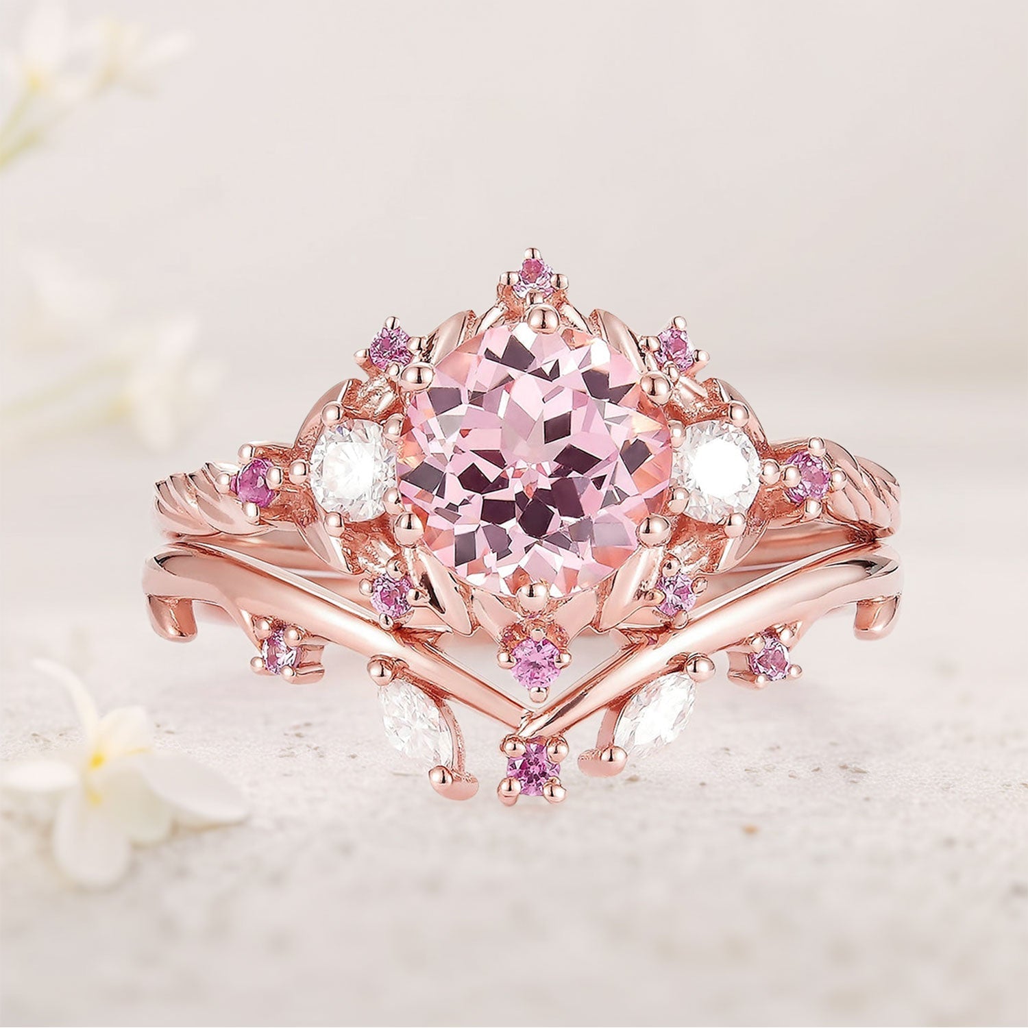 Unique floral engagement rings Round Lab Padparadscha and Moissanite 18K Rose Gold Engagement Ring Set
