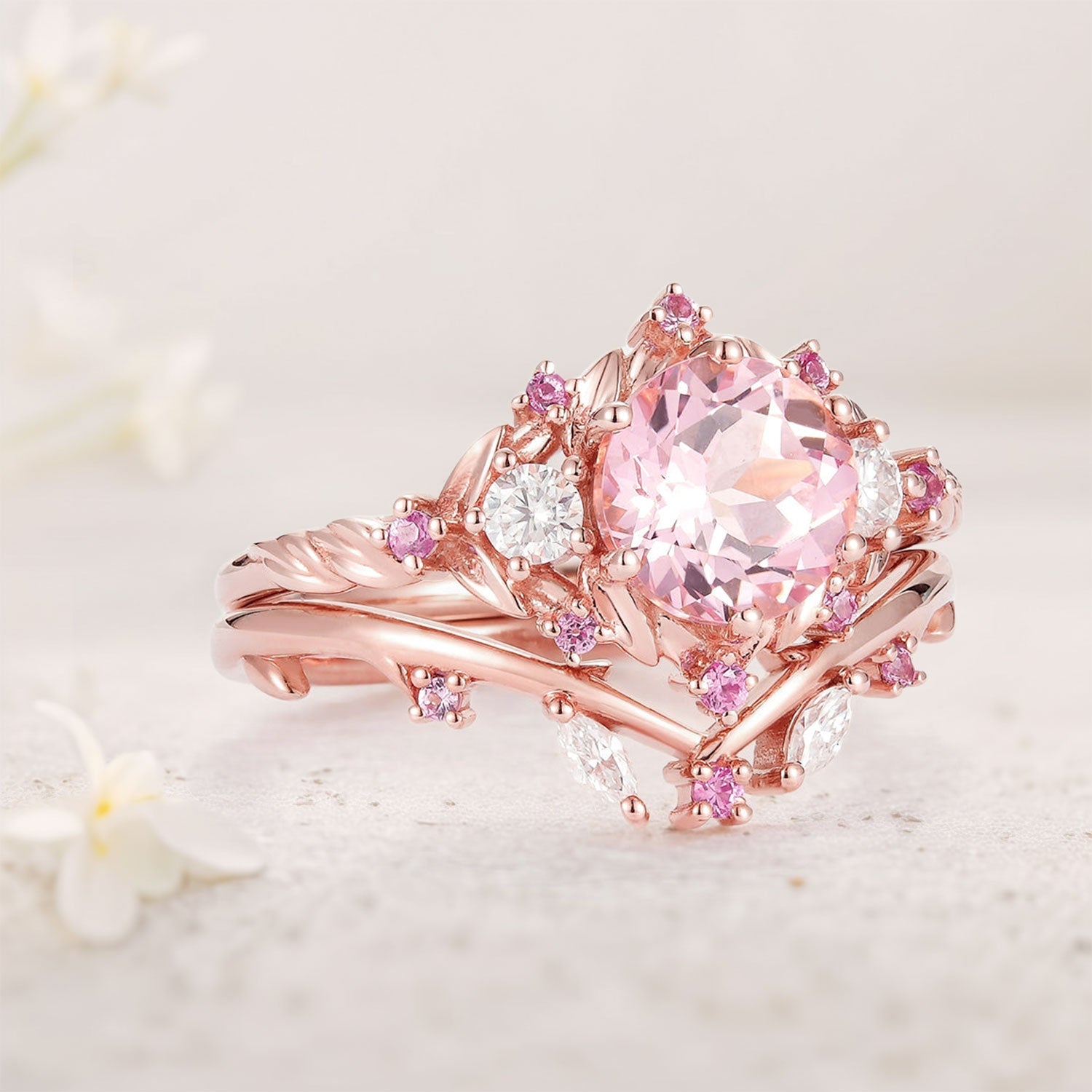 Unique floral engagement rings Round Lab Padparadscha and Moissanite 18K Rose Gold Engagement Ring Set