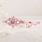 Unique floral engagement rings Round Lab Padparadscha and Moissanite 18K Rose Gold Engagement Ring Set