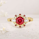 Unique Hexagon Lab Ruby Flower Engagement Ring Halo Leaf 18K Yellow Gold Wedding Ring For Women