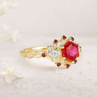 Unique Hexagon Lab Ruby Flower Engagement Ring Halo Leaf 18K Yellow Gold Wedding Ring For Women