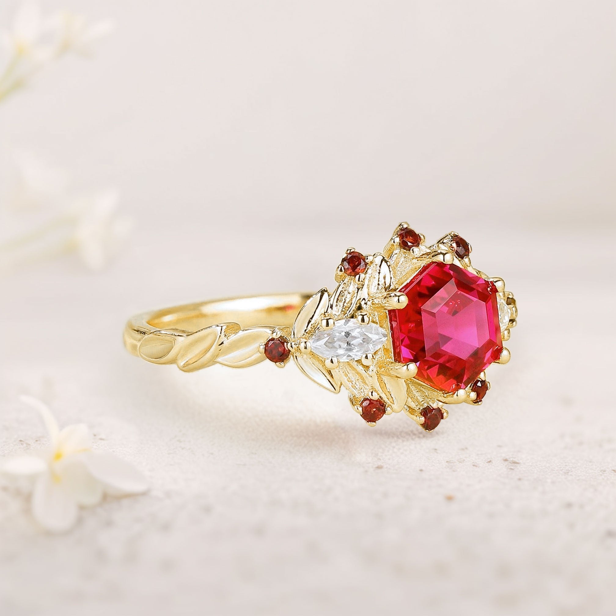 Unique Hexagon Lab Ruby Flower Engagement Ring Halo Leaf 18K Yellow Gold Wedding Ring For Women