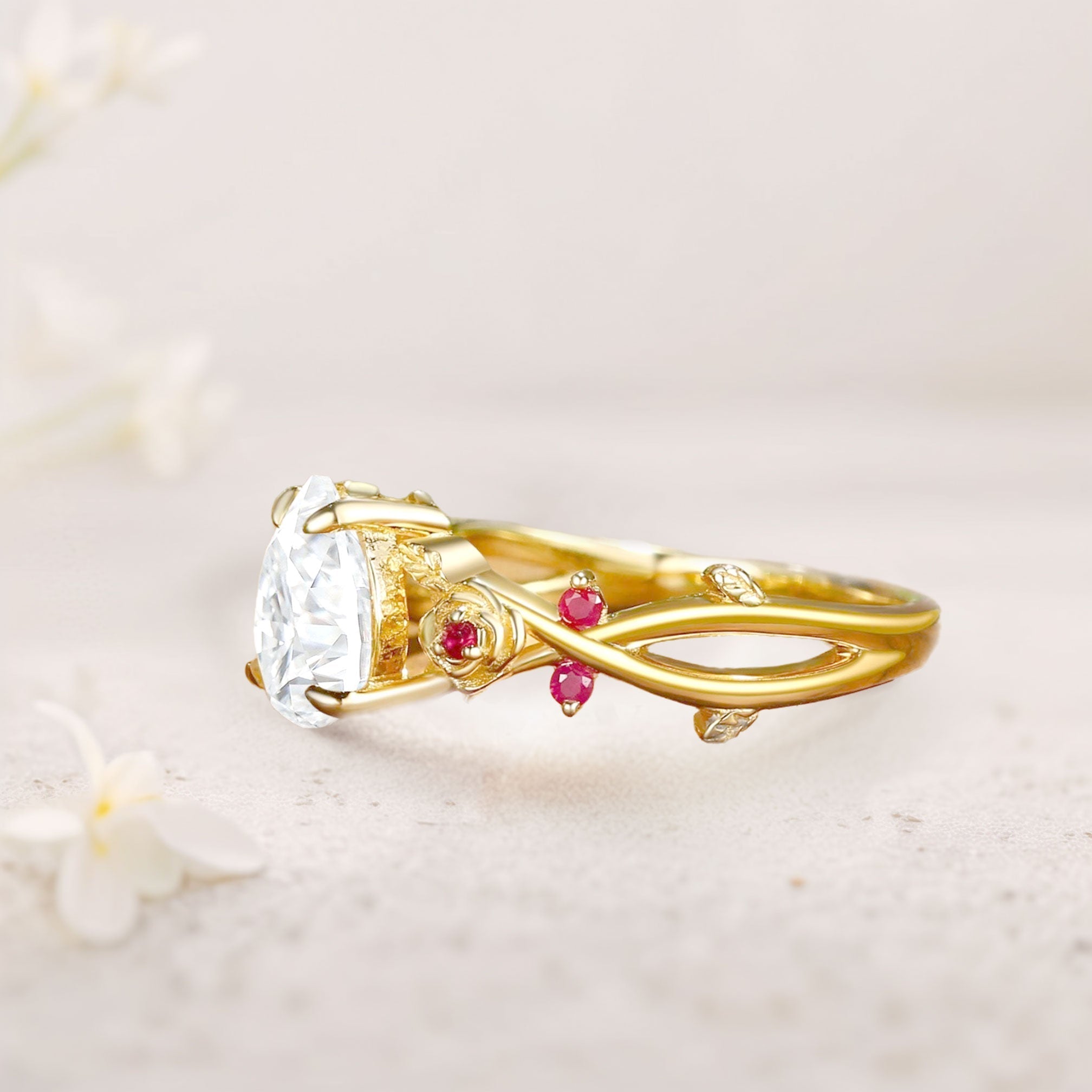 Unique floral engagement rings Pear Moissanite Rose Flower Inspired 18K Yellow Gold Engagement Ring