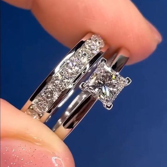 2Pcs Princess Cut  Bridal Set in Sterling Silver