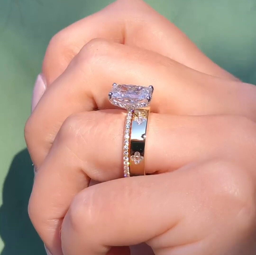 2PCS Radiant Cut Art Carved Bridal Ring Set