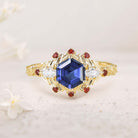Unique Hexagon Lab Sapphire Flower 18K Yellow Gold Engagement Ring Halo Leaf Wedding Ring For Women