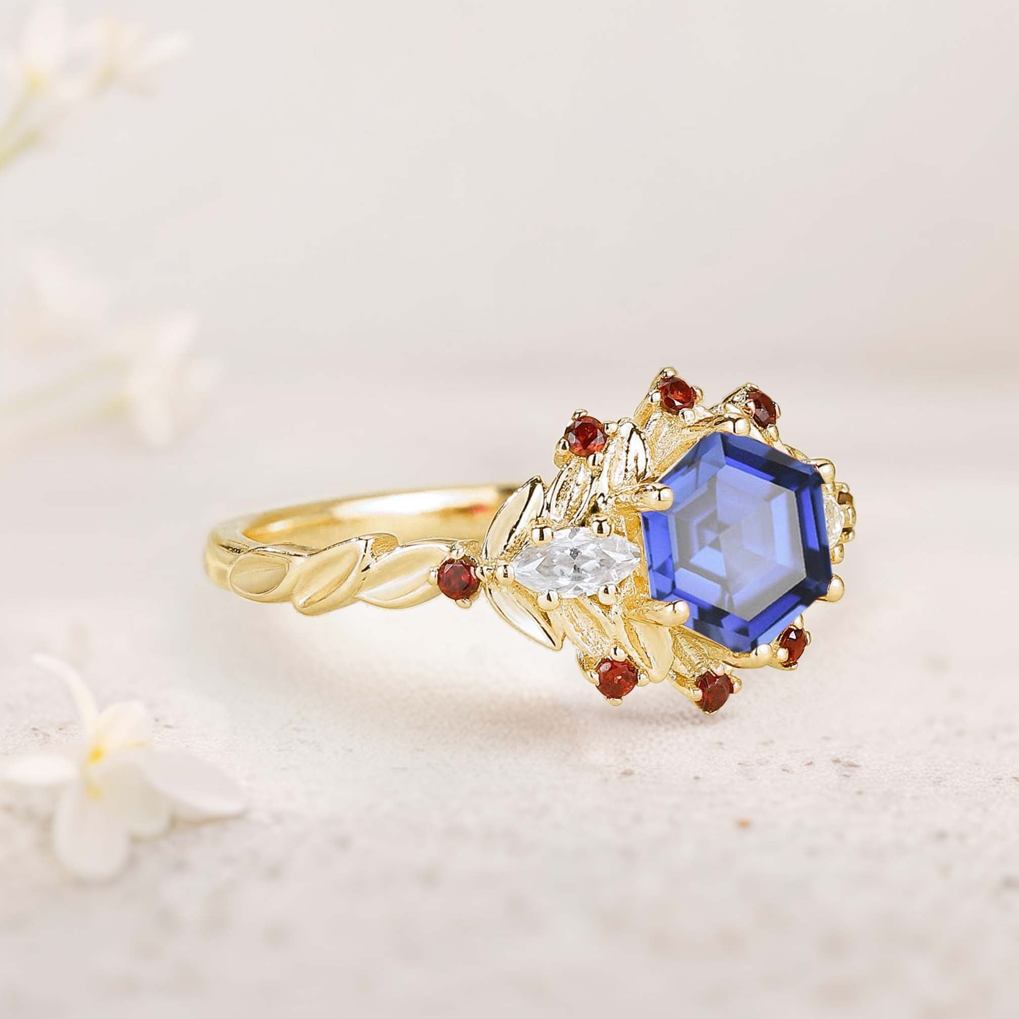 Unique Hexagon Lab Sapphire Flower 18K Yellow Gold Engagement Ring Halo Leaf Wedding Ring For Women