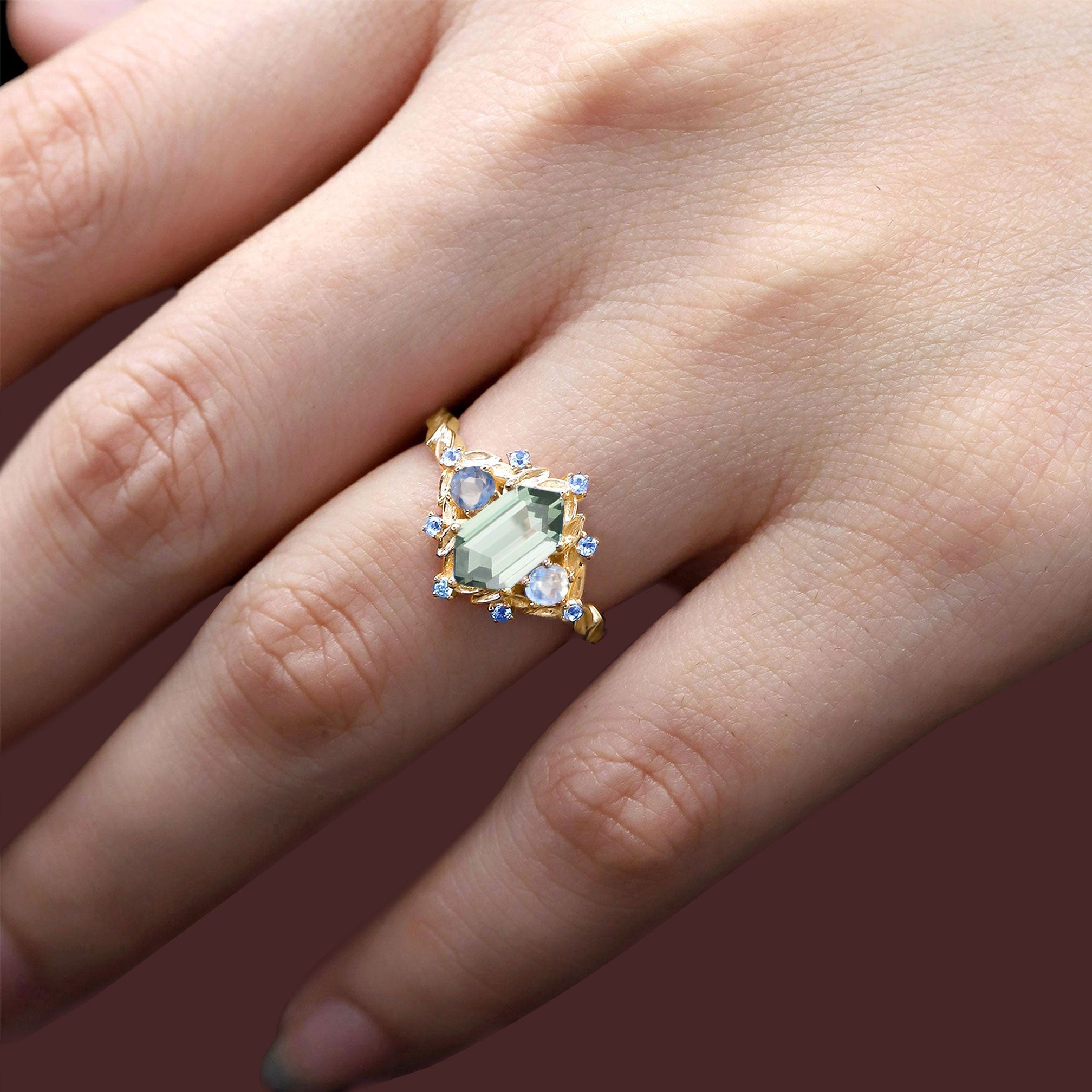 Unique floral engagement rings Three Stone Hexagon Green Lab Sapphire 18K Yellow Gold Engagement Ring