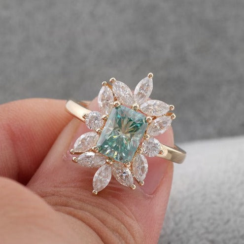 Blue Radiant Cut Engagement Ring in Sterling Silver Cluster Side Stone