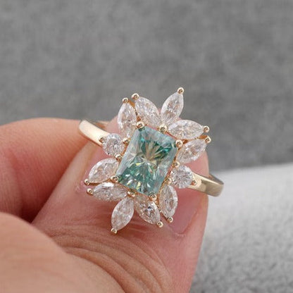 Blue Radiant Cut Engagement Ring in Sterling Silver Cluster Side Stone
