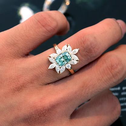 Blue Radiant Cut Engagement Ring in Sterling Silver Cluster Side Stone