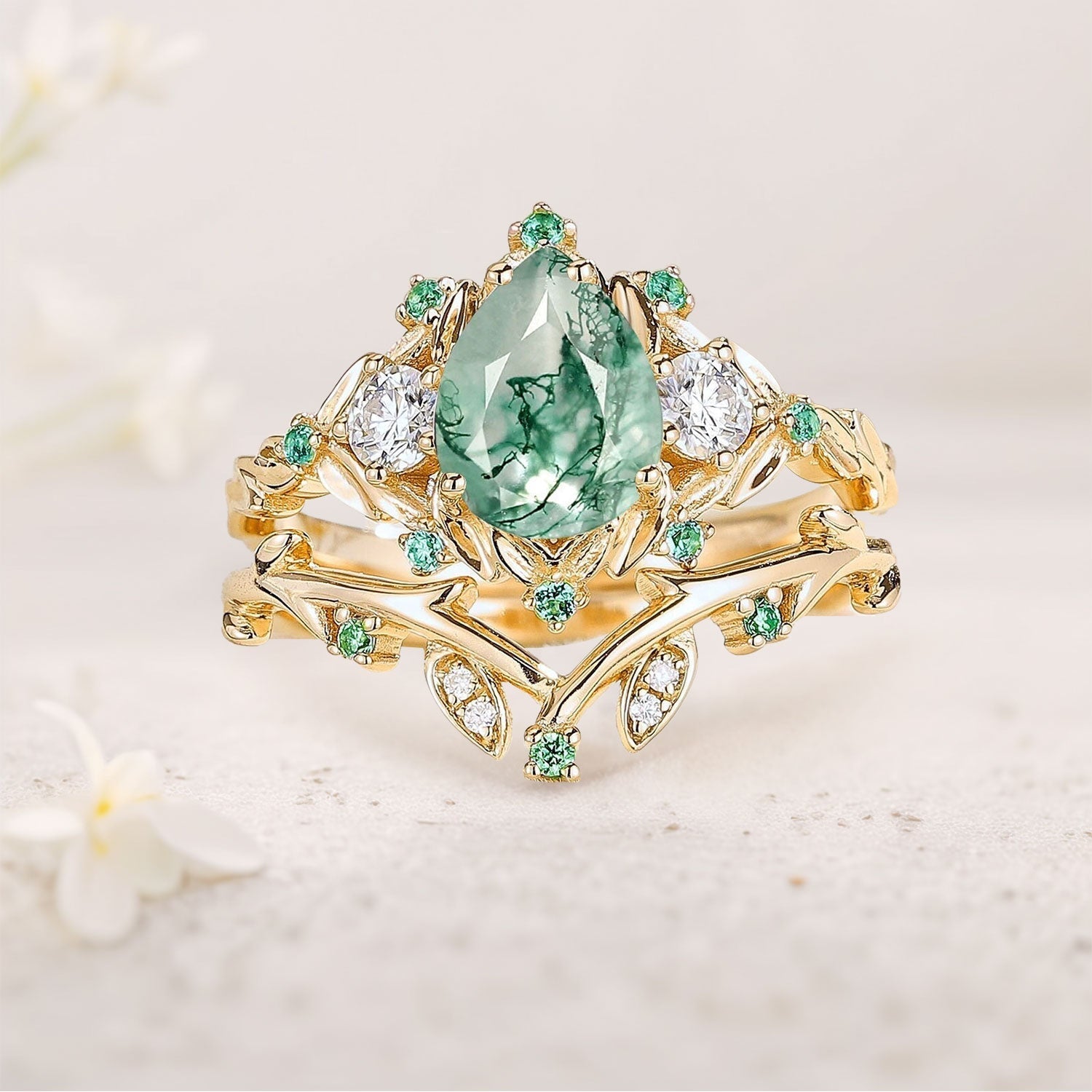 Unique Moss Agate Wedding Ring Set Twig Engagement Ring Leaf 18K Yellow Gold Promise ring Set