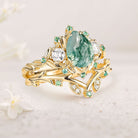 Unique Moss Agate Wedding Ring Set Twig Engagement Ring Leaf 18K Yellow Gold Promise ring Set