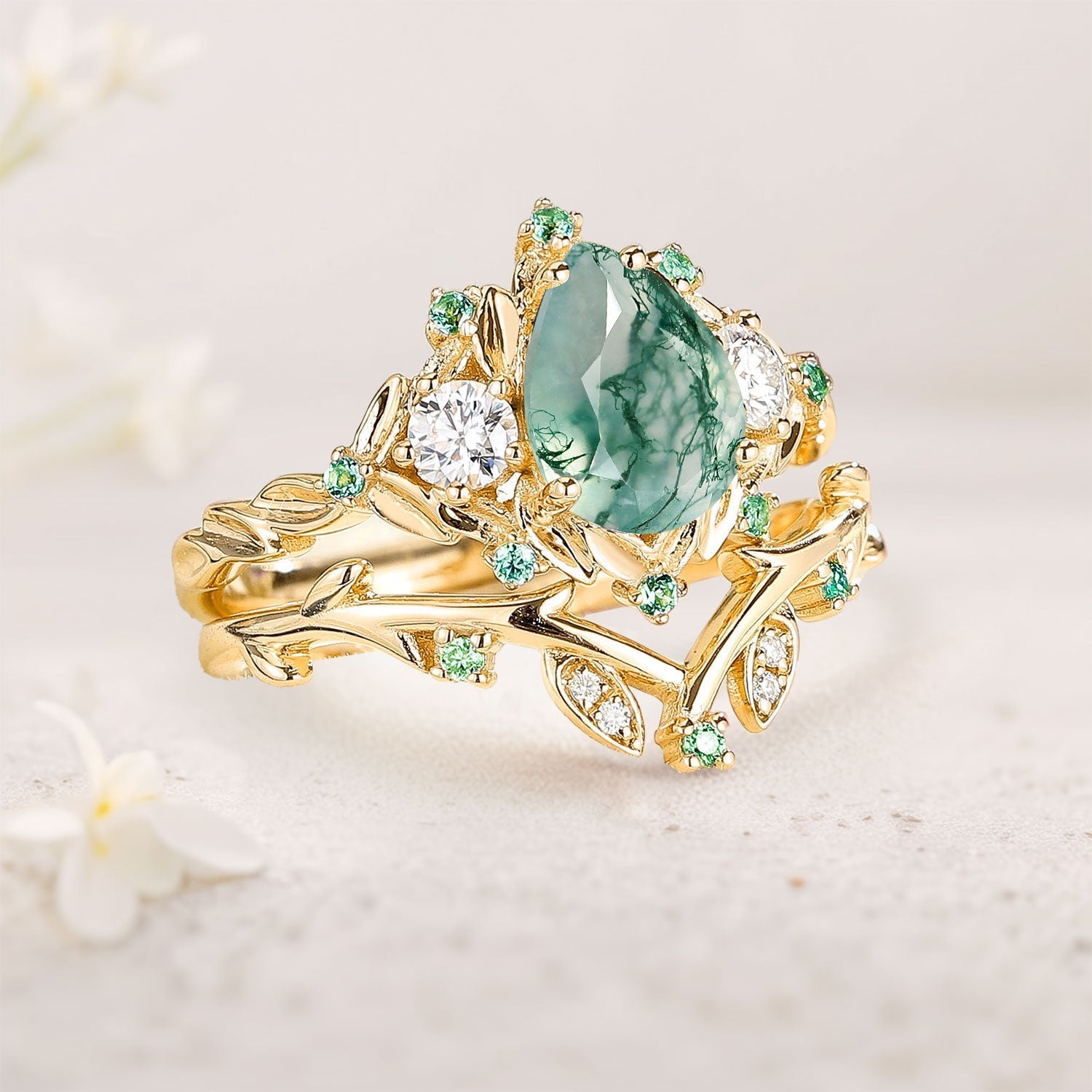 Unique Moss Agate Wedding Ring Set Twig Engagement Ring Leaf 18K Yellow Gold Promise ring Set