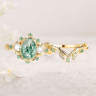 Unique Moss Agate Wedding Ring Set Twig Engagement Ring Leaf 18K Yellow Gold Promise ring Set