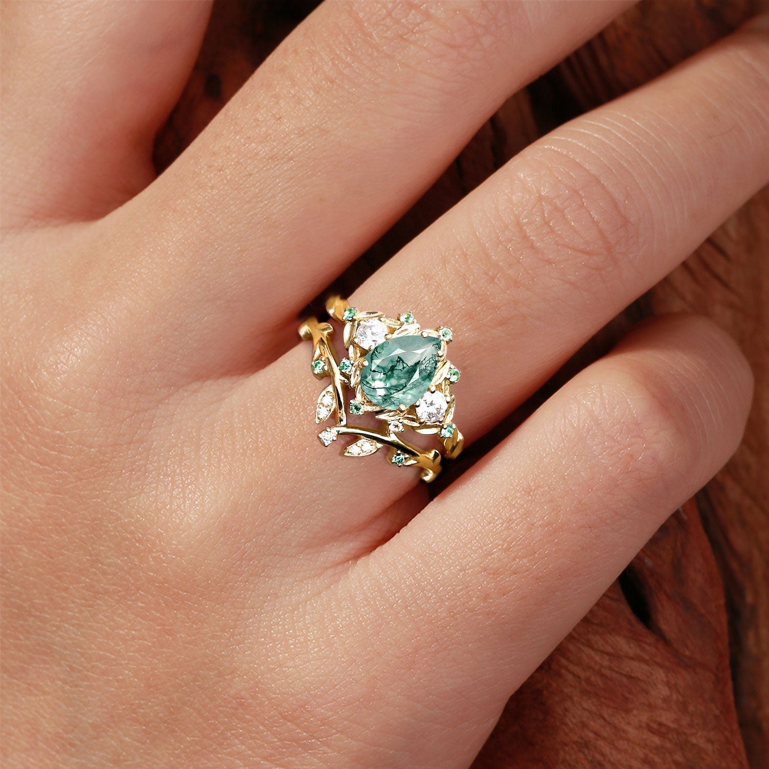 Unique Moss Agate Wedding Ring Set Twig Engagement Ring Leaf 18K Yellow Gold Promise ring Set