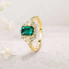 Unique Lab Emerald Flower Engagement Ring Halo Leaf 18K Yellow Gold Wedding Ring