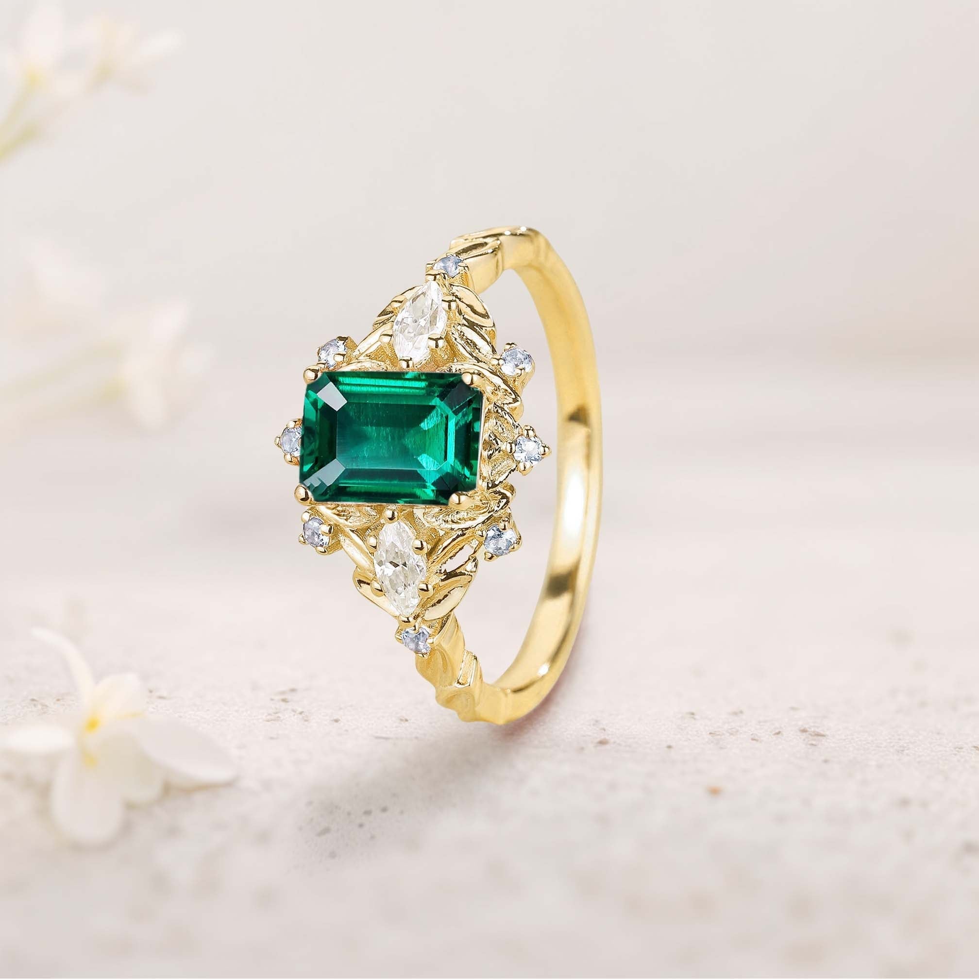 Unique Lab Emerald Flower Engagement Ring Halo Leaf 18K Yellow Gold Wedding Ring