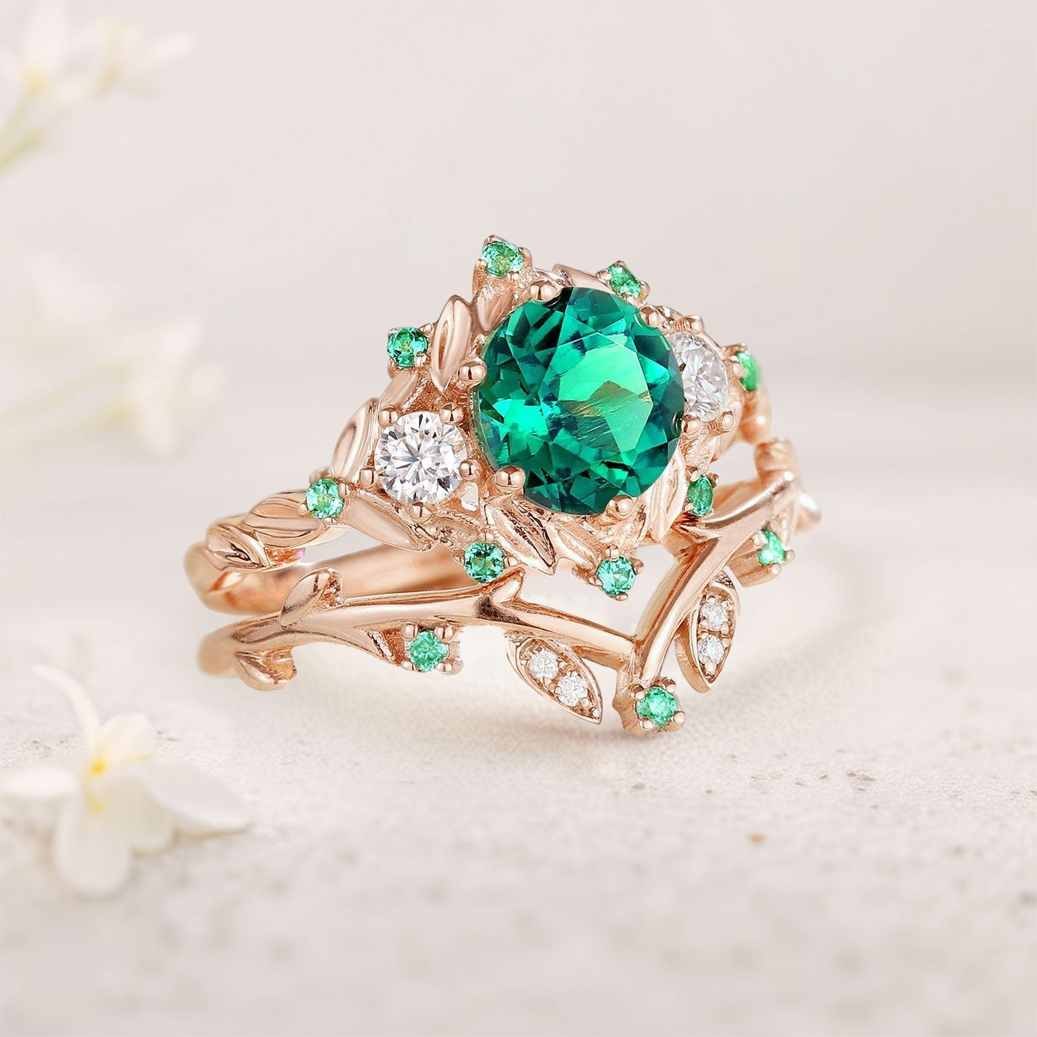 Vintage Round Lab Emerald Engagement Ring Set for women Leaf 18K Yellow Gold Wedding Ring Set