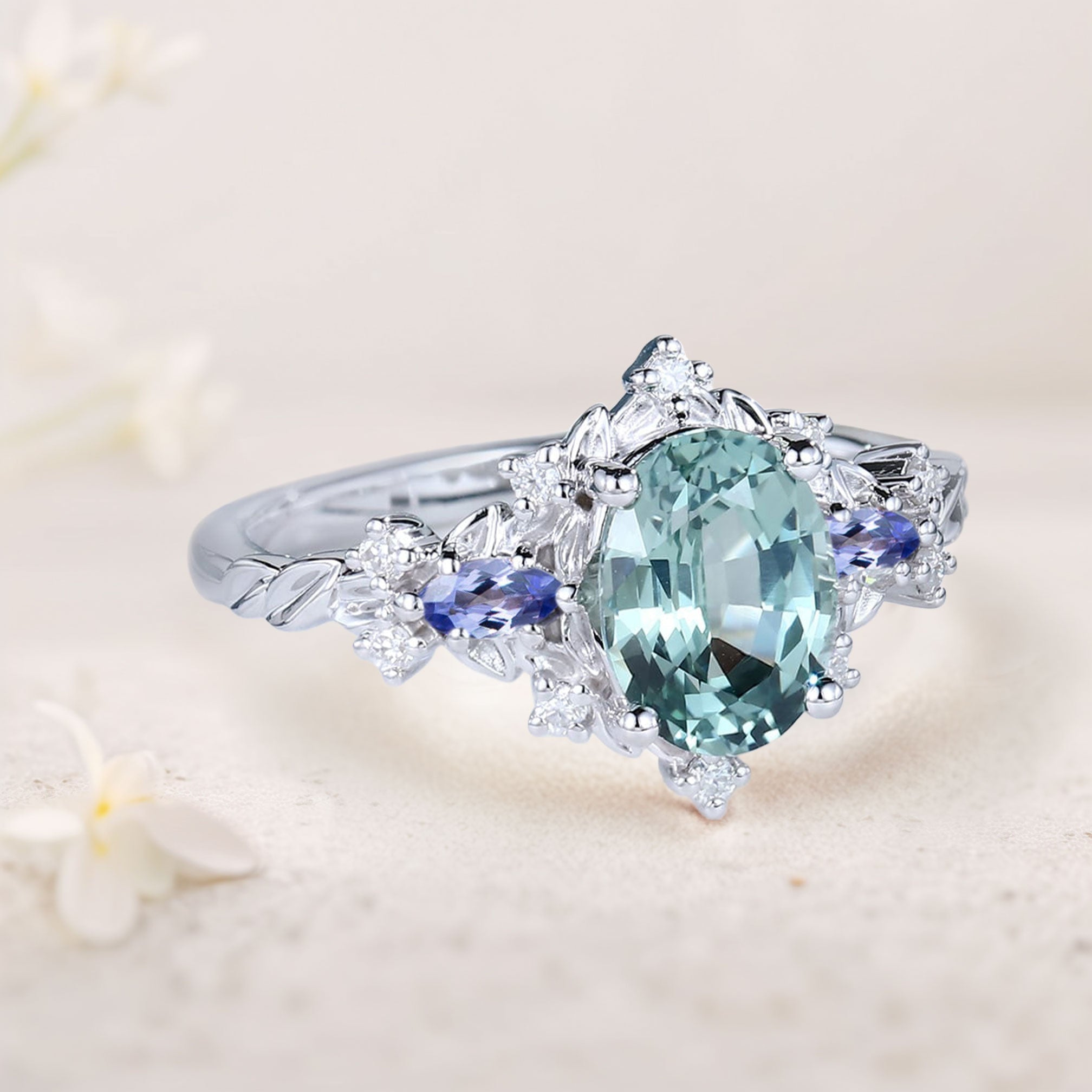 Vintage Briar Rose Oval Green Lab Sapphire and Blue Sapphire 18K Rose Gold Engagement Ring Vine Ring