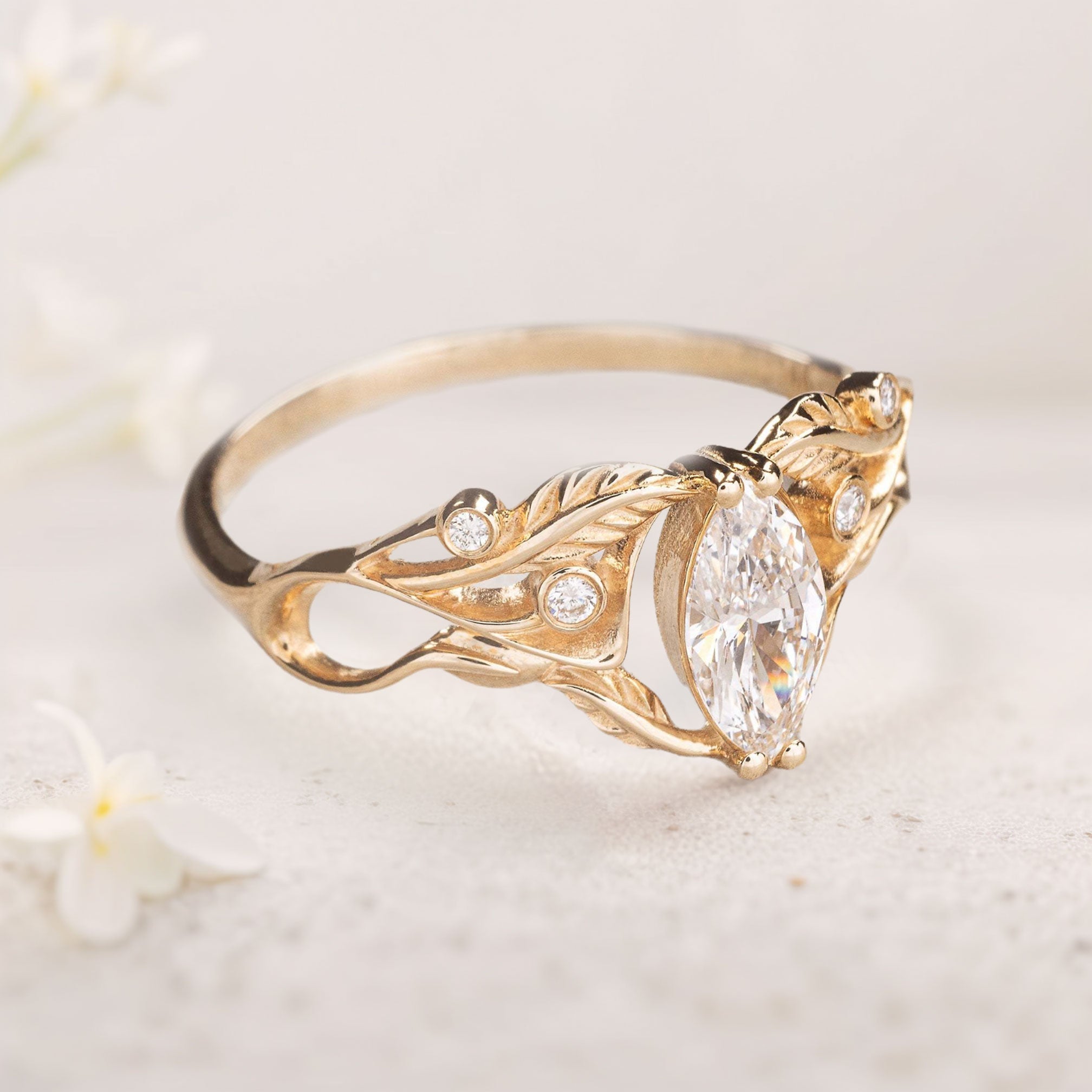 Unique Marquise Moissanite 18K Yellow Gold Engagement Ring