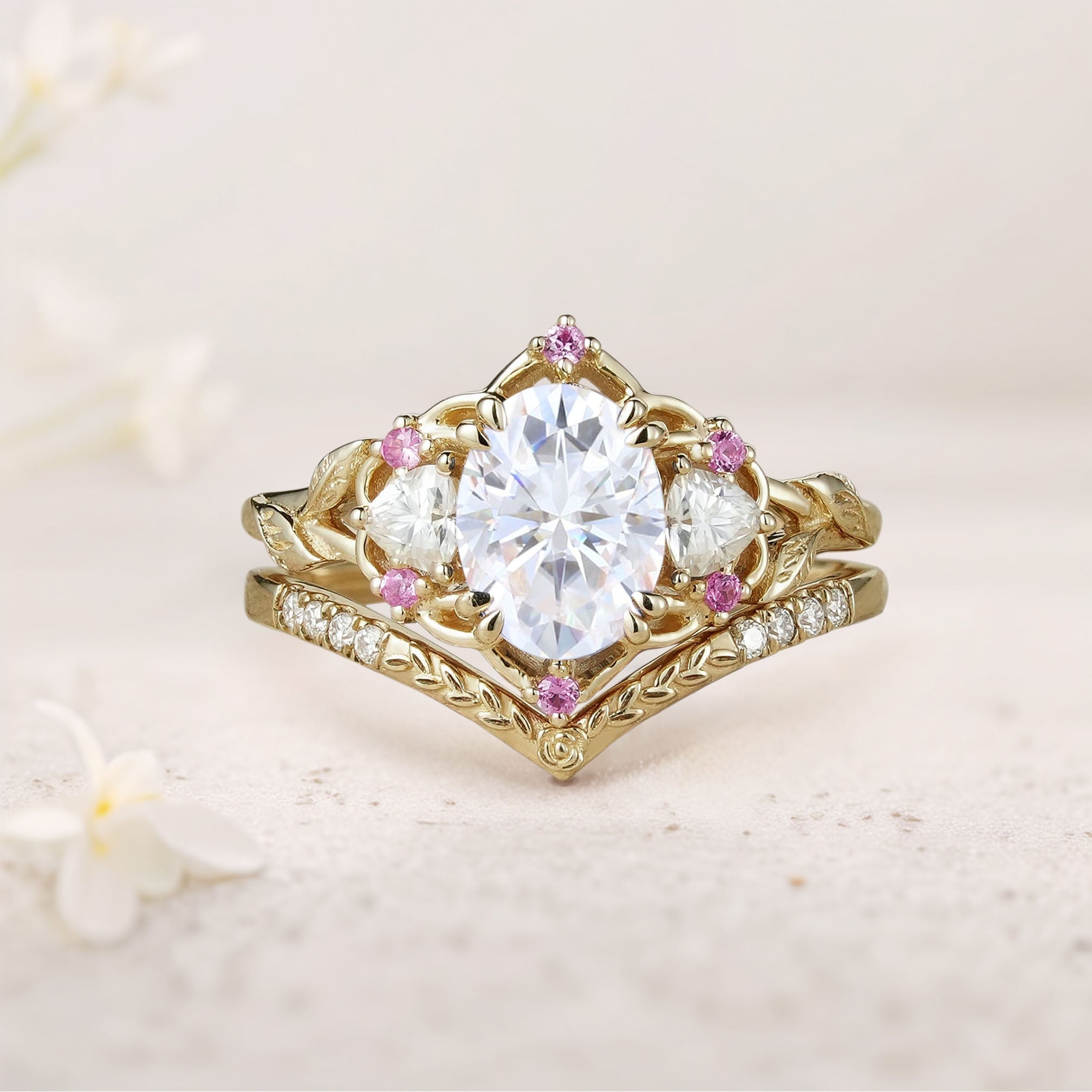 Vintage Three Stone Oval Moissanite18K Yellow Gold Bridal Ring Set