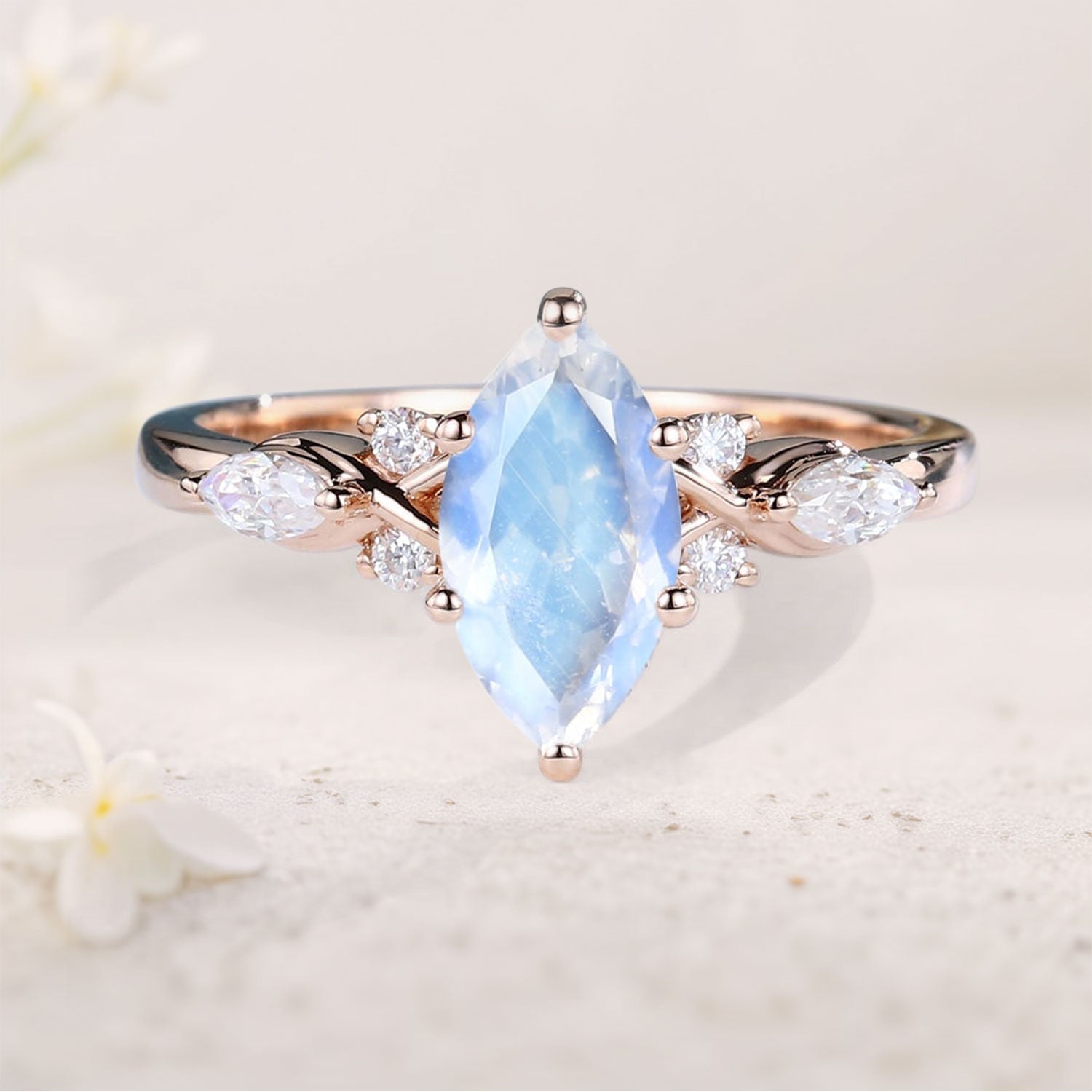 Unique Marquise Lab Moonstone Twist Ring 18K Rose Gold Engagement Ring