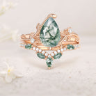 Unique Pear Moss Agate Vine 18K Yellow Gold Engagement Ring Set