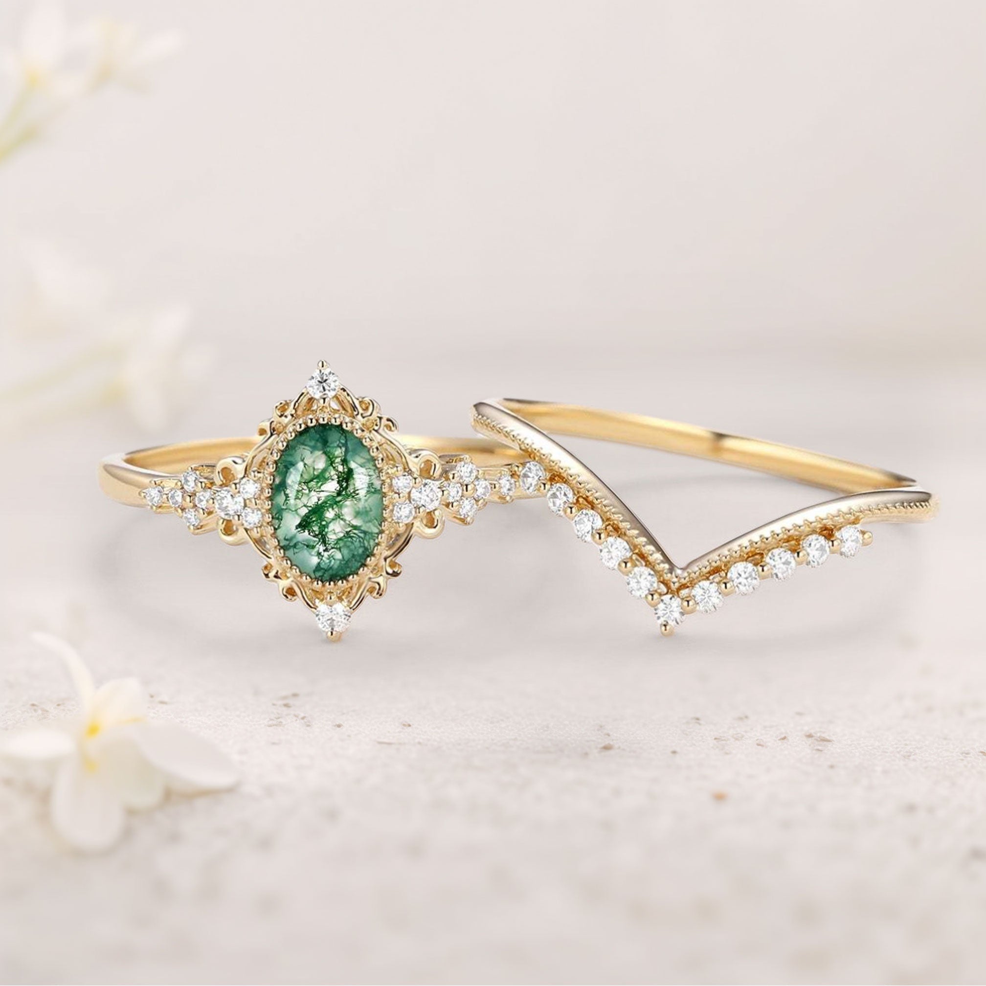Vintage floral engagement rings Oval Moss Agate Milgrain18K Yellow Gold Engagement Ring Set