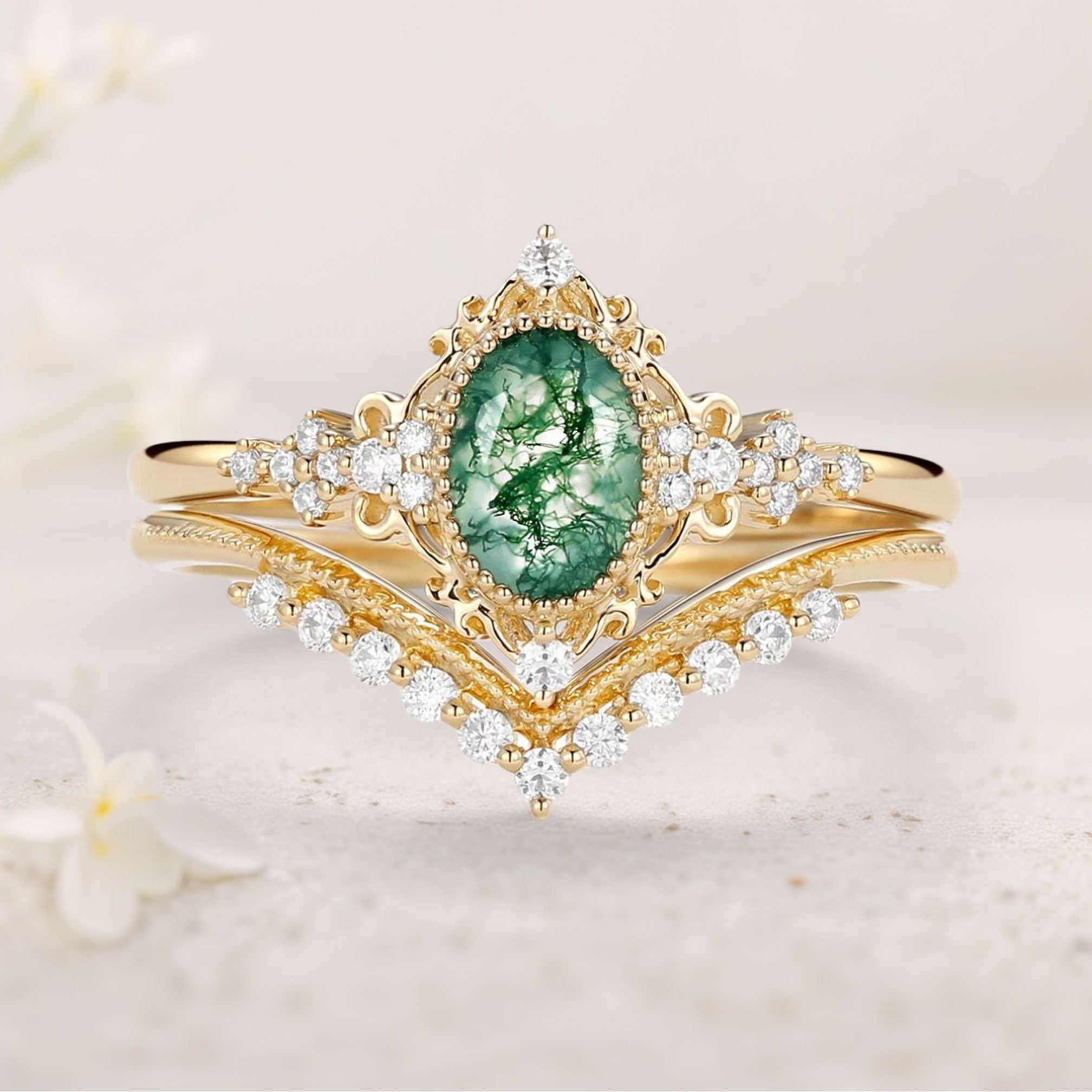 Vintage floral engagement rings Oval Moss Agate Milgrain18K Yellow Gold Engagement Ring Set