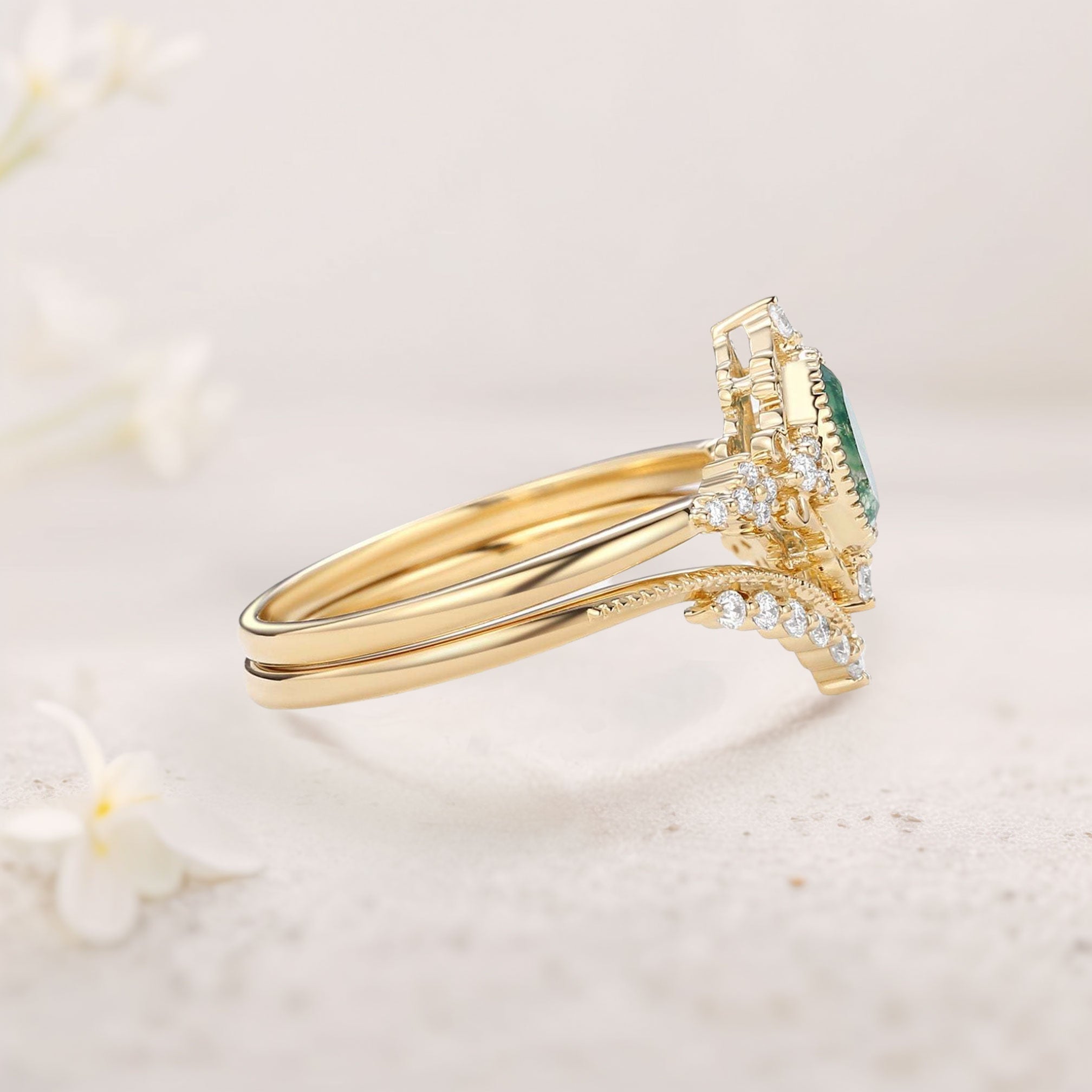 Vintage floral engagement rings Oval Moss Agate Milgrain18K Yellow Gold Engagement Ring Set