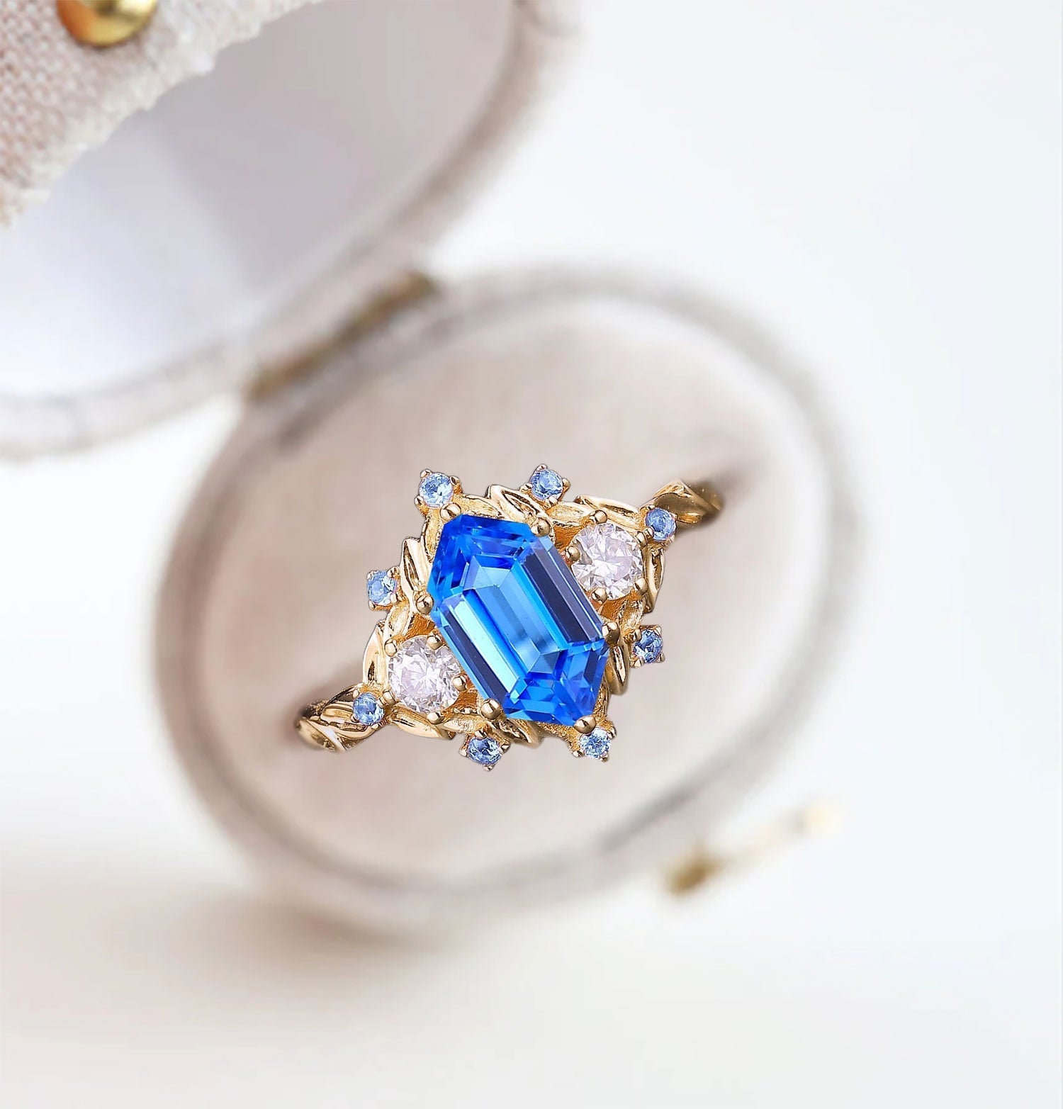 Unique Three Stone Hexagon Lab Sapphire 18K Yellow Gold Engagement Ring