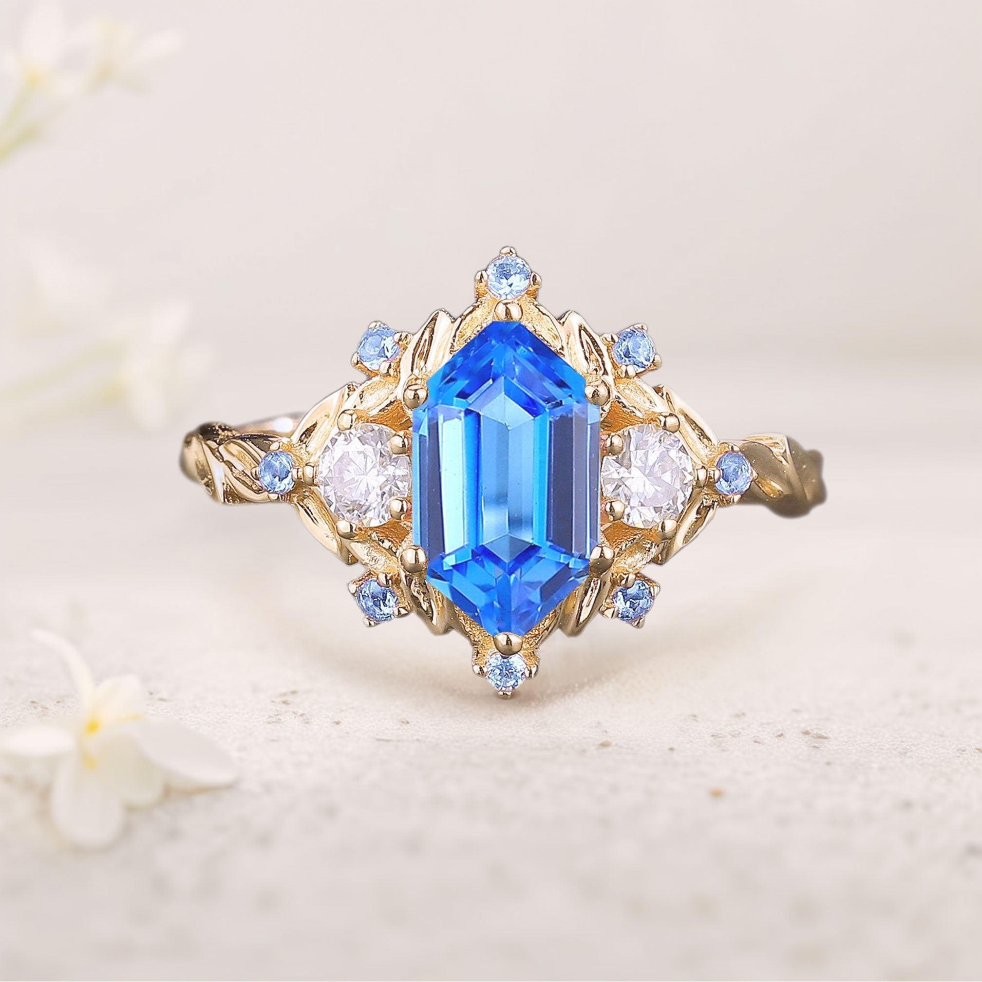 Unique Three Stone Hexagon Lab Sapphire 18K Yellow Gold Engagement Ring