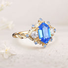 Unique Three Stone Hexagon Lab Sapphire 18K Yellow Gold Engagement Ring