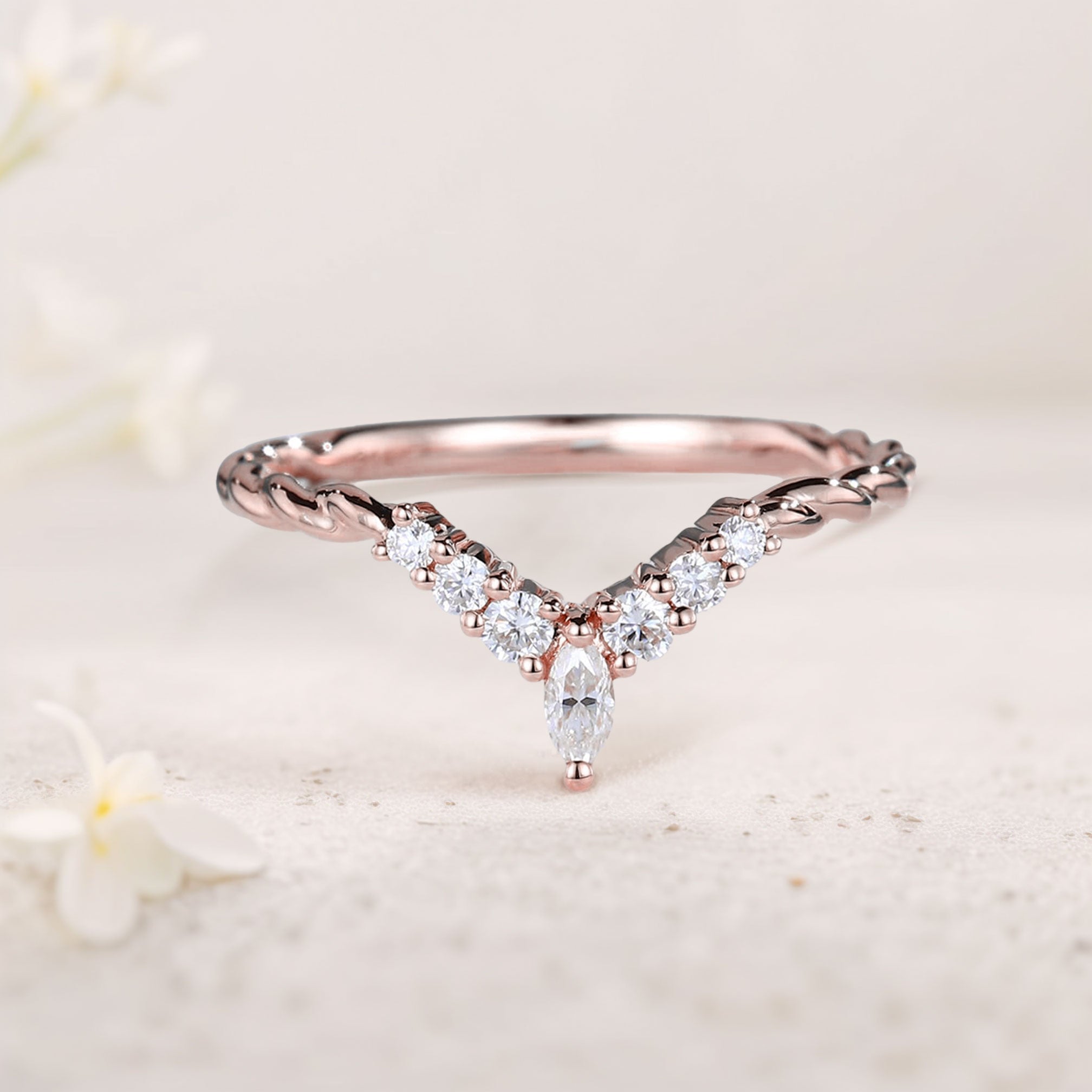 Unique Eternity Twisted Marquise Moissanite Curved Matching 18K Rose Gold Wedding Band