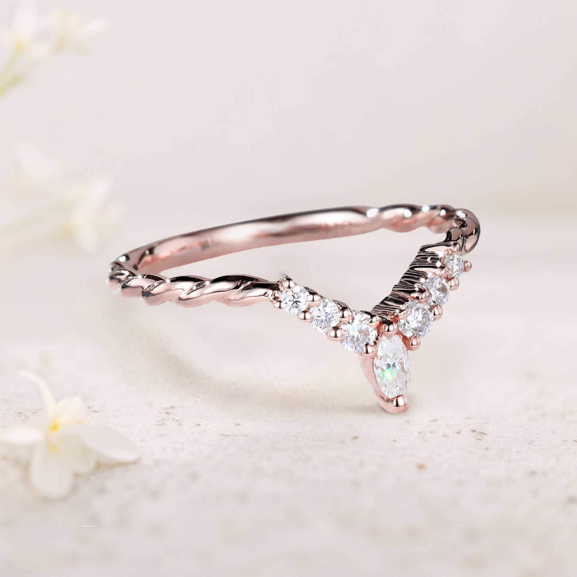 Unique Eternity Twisted Marquise Moissanite Curved Matching 18K Rose Gold Wedding Band