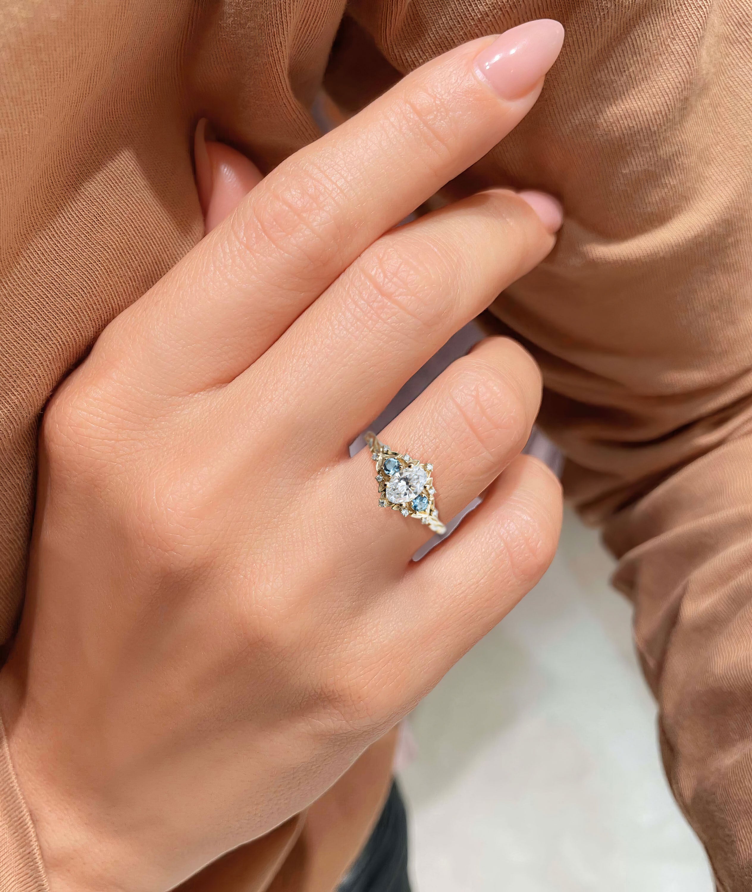 Unique floral engagement rings Rose Three-Stone Oval Moissanite and Lab Topaz 18K Yellow Gold Ring