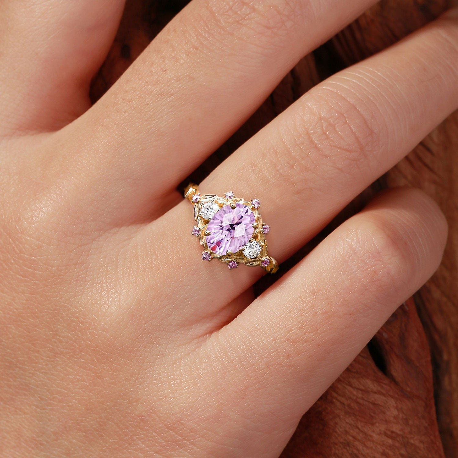 Unique Natural Firework Cut Amethyst Leaf Engagement Ring Dainty Amethyst Flower Cluster 18K Yellow Gold Wedding Ring Promise Ring For Her