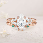 Unique Cluster Pear Moissanite 18K Rose Gold Chevron Ring Set