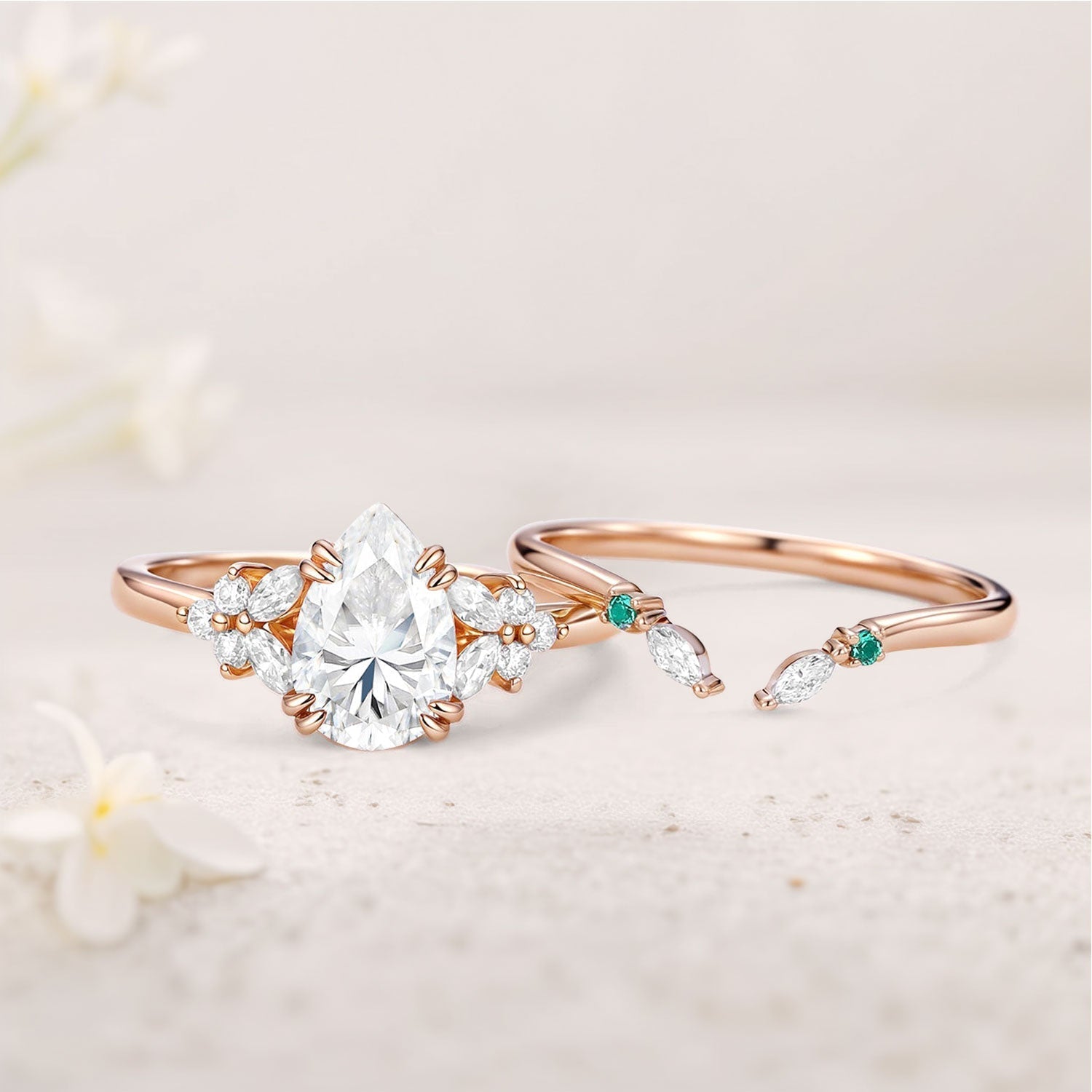 Unique Cluster Pear Moissanite 18K Rose Gold Chevron Ring Set