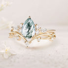 Unique Branches Pear Moss Agate 18K Yellow Gold Leafy Ring Set