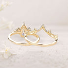 Unique Branches Pear Moss Agate 18K Yellow Gold Leafy Ring Set