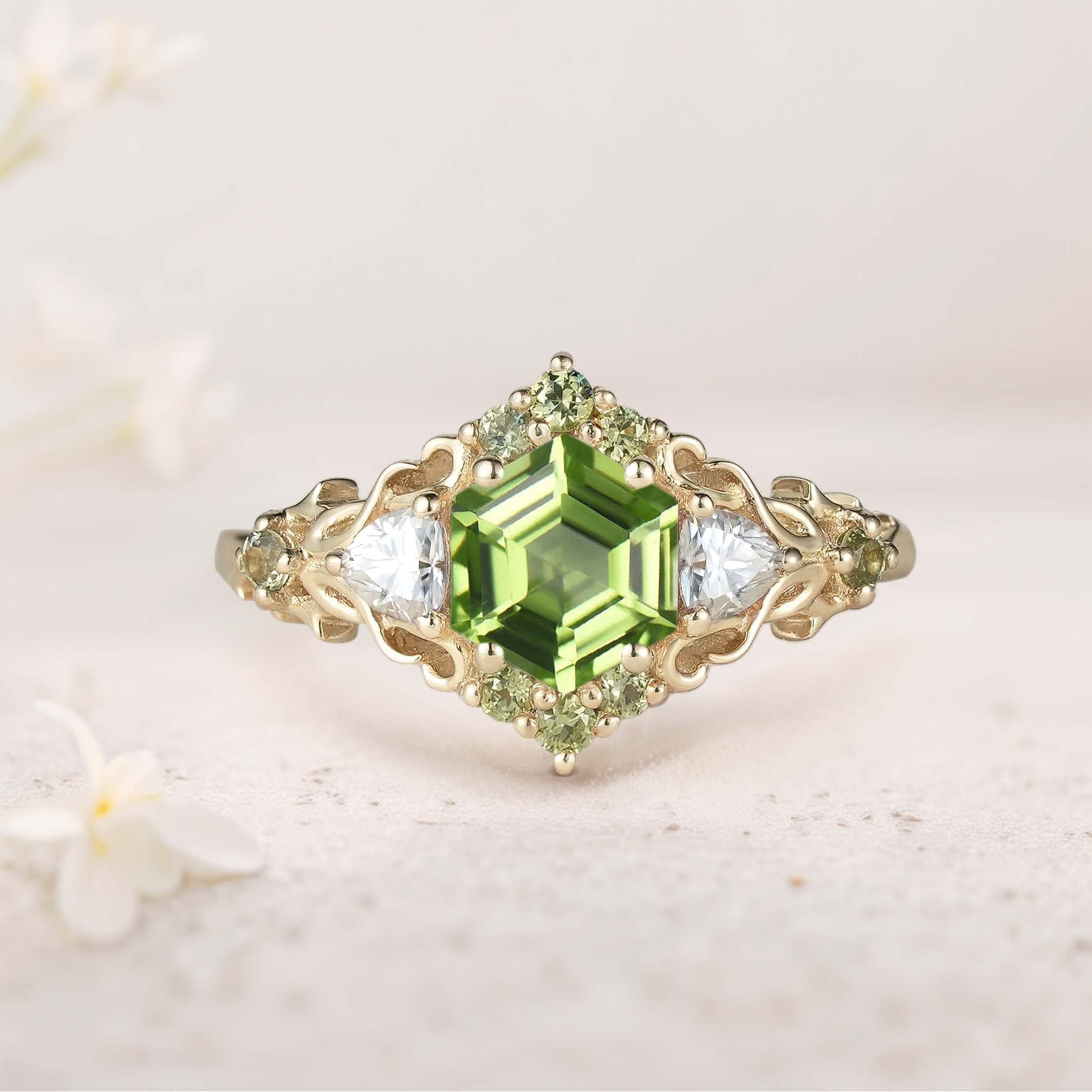Unique Floral Three Stone Hexagon Peridot Leaf 18K Yellow Gold Ring