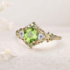 Unique Floral Three Stone Hexagon Peridot Leaf 18K Yellow Gold Ring