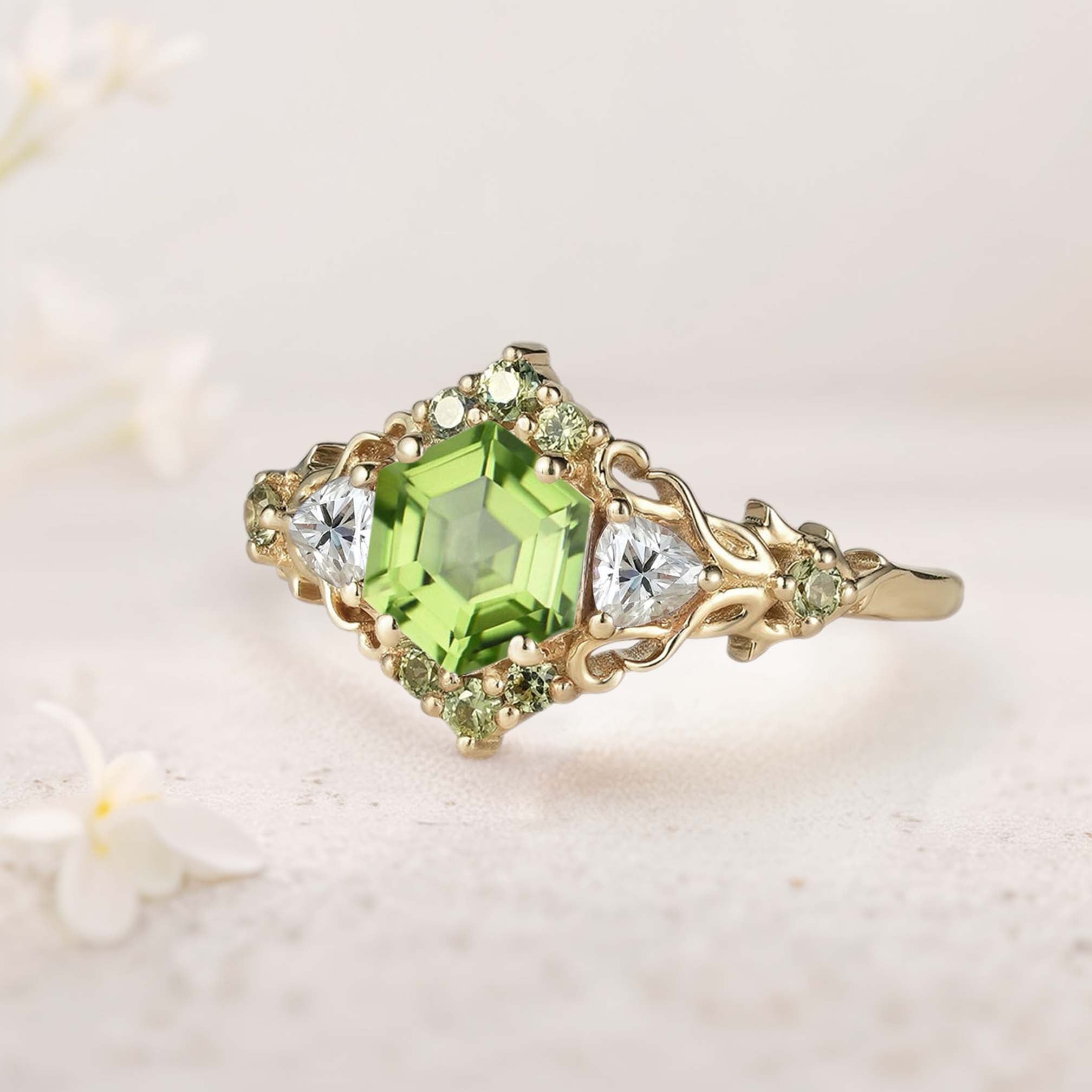 Unique Floral Three Stone Hexagon Peridot Leaf 18K Yellow Gold Ring