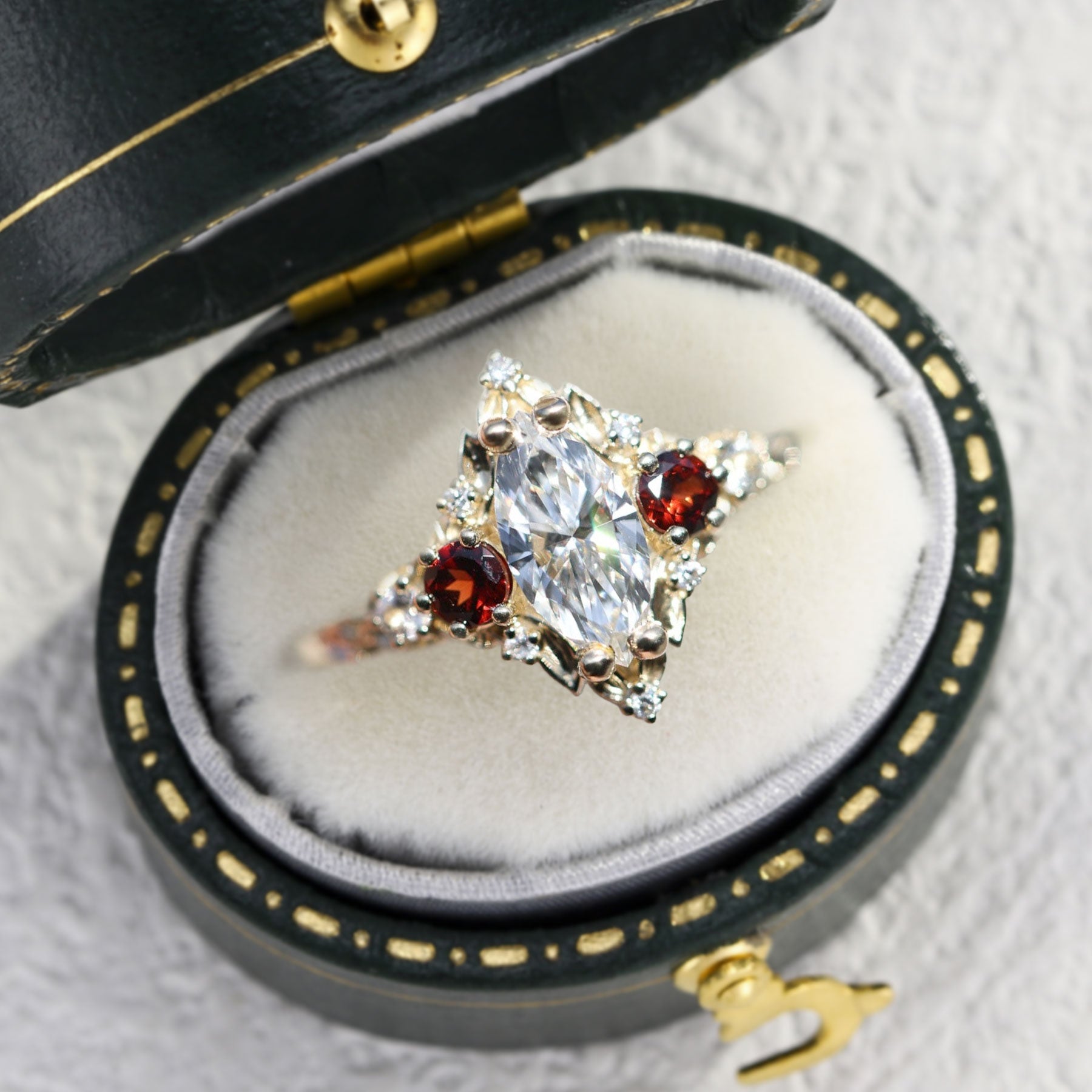 Unique Briar Rose Three Stone Marquise Moissanite and Lab Ruby 18K Yellow Gold Ring