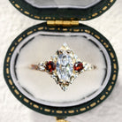 Unique Briar Rose Three Stone Marquise Moissanite and Lab Ruby 18K Yellow Gold Ring